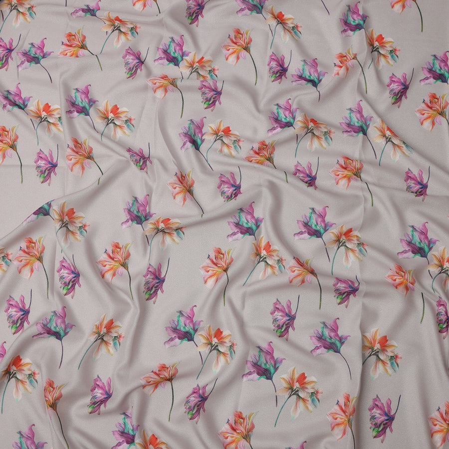 Grey Base Multicolor Floral Printed Pure Silk Satin Fabric 140 Cms Width Made in South Korea-D24921