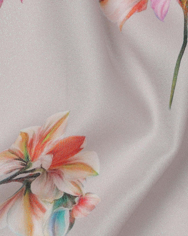 Grey Base Multicolor Floral Printed Pure Silk Satin Fabric 140 Cms Width Made in South Korea-D24921