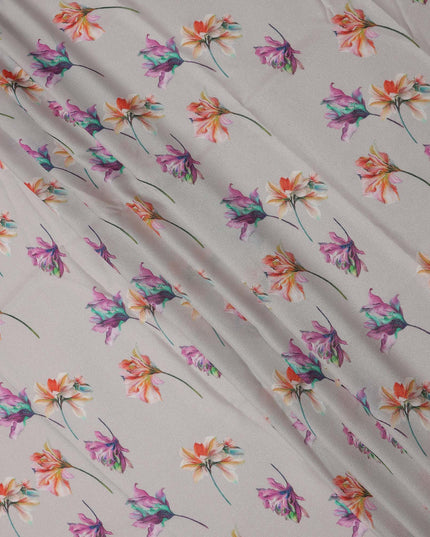 Grey Base Multicolor Floral Printed Pure Silk Satin Fabric 140 Cms Width Made in South Korea-D24921