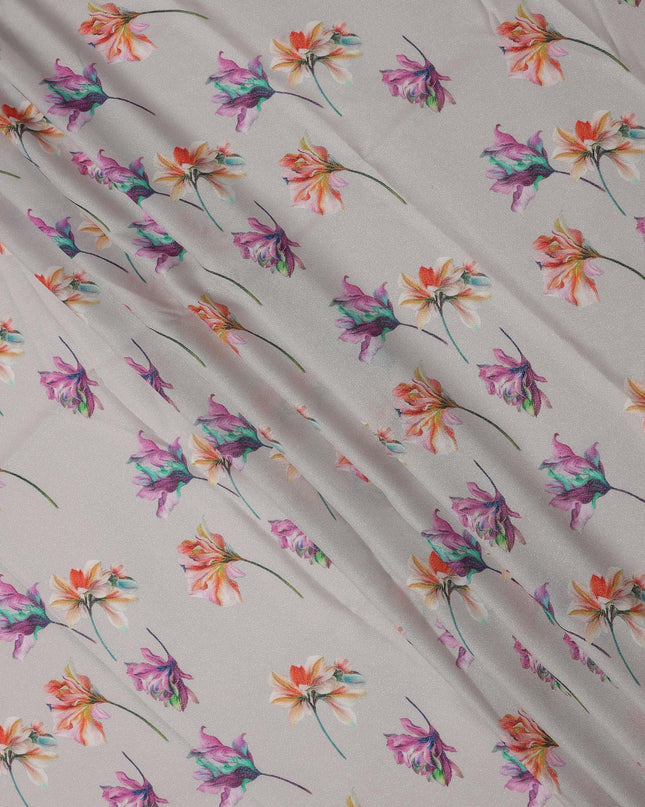 Grey Base Multicolor Floral Printed Pure Silk Satin Fabric 140 Cms Width Made in South Korea-D24921