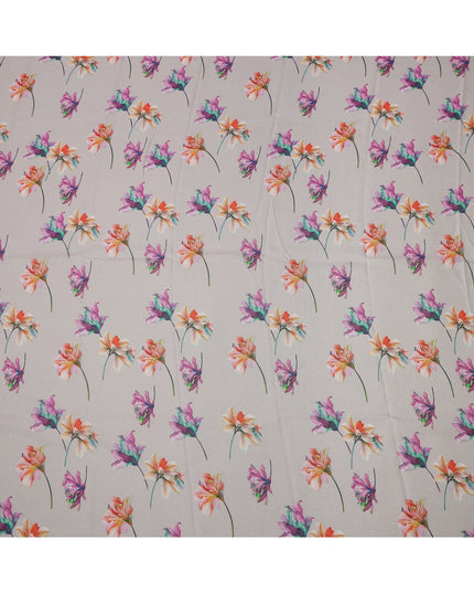 Grey Base Multicolor Floral Printed Pure Silk Satin Fabric 140 Cms Width Made in South Korea-D24921