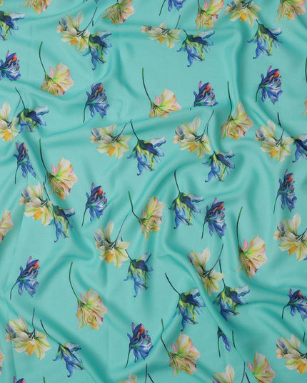 Aqua Blue Multi Floral Printed Pure Silk Satin Fabric 140 Cms Width Made in South Korea-D24916