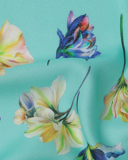 Aqua Blue Multi Floral Printed Pure Silk Satin Fabric 140 Cms Width Made in South Korea-D24916