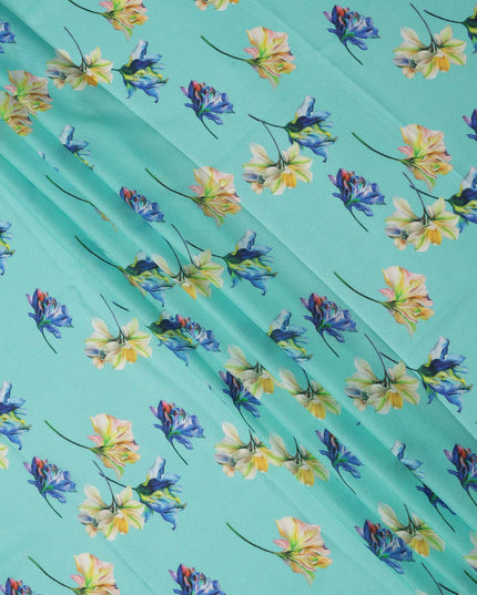 Aqua Blue Multi Floral Printed Pure Silk Satin Fabric 140 Cms Width Made in South Korea-D24916
