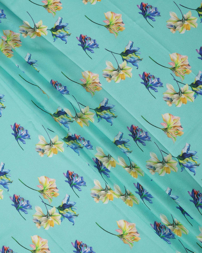 Aqua Blue Multi Floral Printed Pure Silk Satin Fabric 140 Cms Width Made in South Korea-D24916