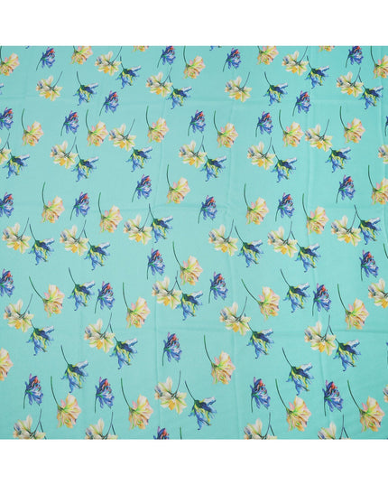 Aqua Blue Multi Floral Printed Pure Silk Satin Fabric 140 Cms Width Made in South Korea-D24916