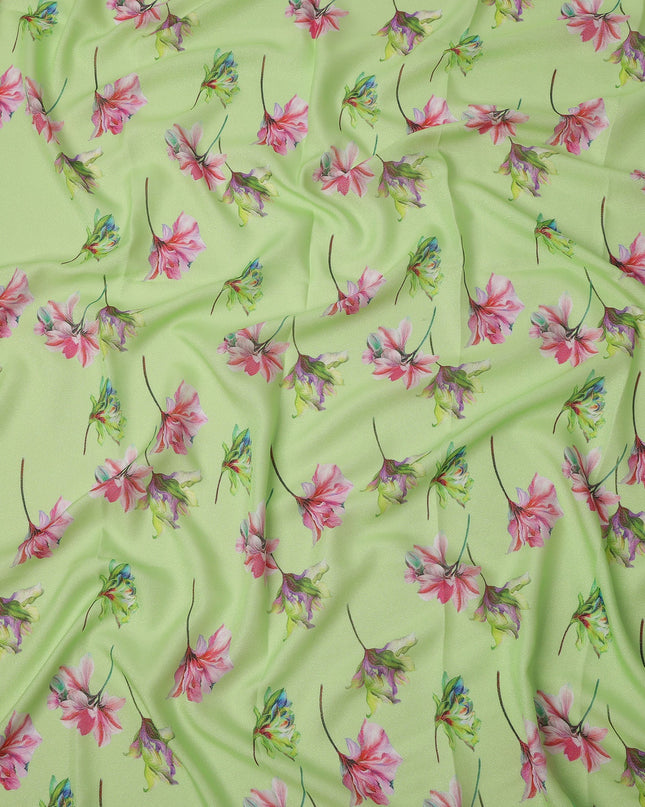 Light Green Base Multicolor Floral Printed Pure Silk Satin Fabric 140 Cms Width Made in South Korea-D24922