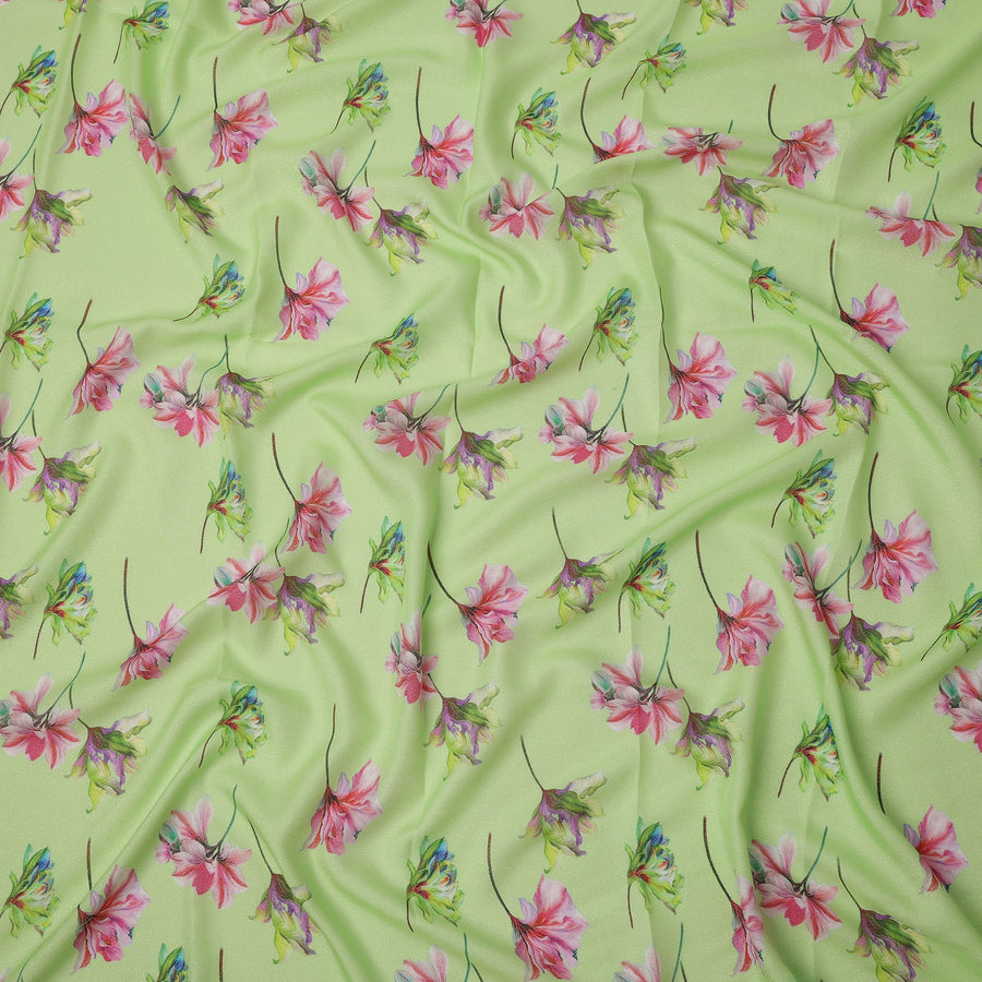 Light Green Base Multicolor Floral Printed Pure Silk Satin Fabric 140 Cms Width Made in South Korea-D24922