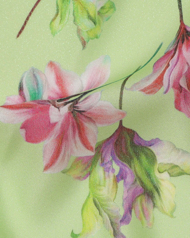 Light Green Base Multicolor Floral Printed Pure Silk Satin Fabric 140 Cms Width Made in South Korea-D24922