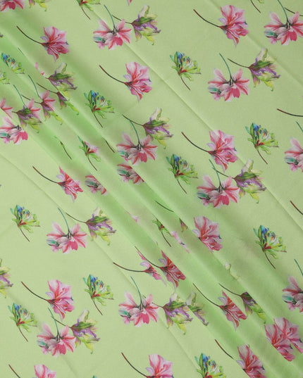 Light Green Base Multicolor Floral Printed Pure Silk Satin Fabric 140 Cms Width Made in South Korea-D24922