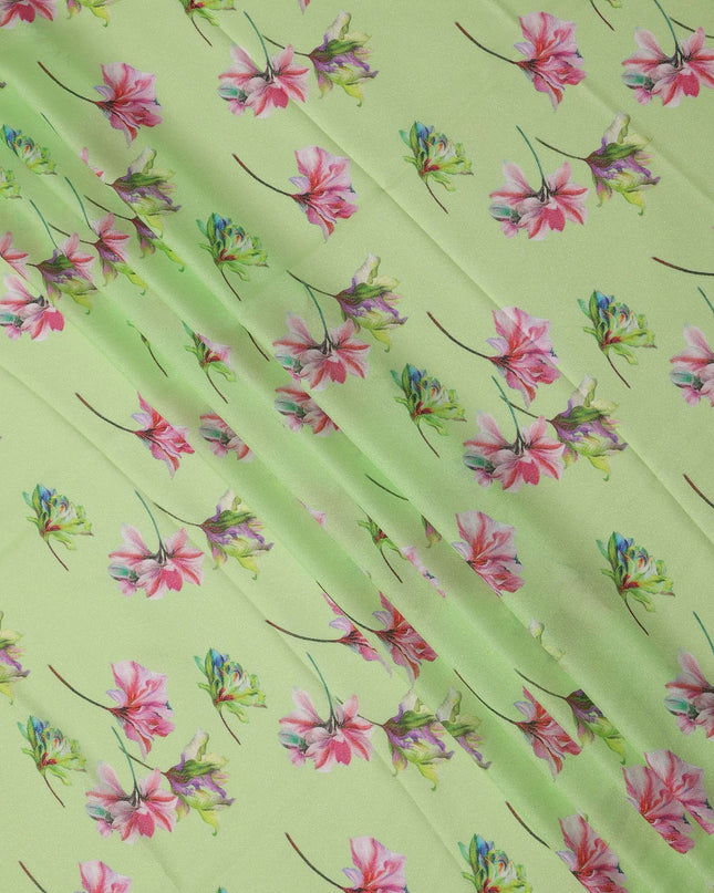 Light Green Base Multicolor Floral Printed Pure Silk Satin Fabric 140 Cms Width Made in South Korea-D24922