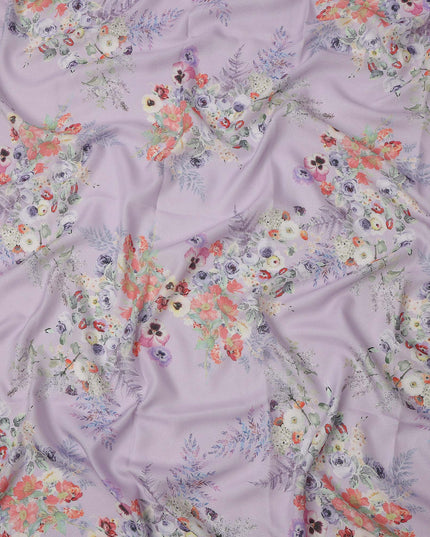 Lavender Purple Multi Floral Printed Pure Silk Satin Fabric 140 Cms Width Made in South Korea-D24918