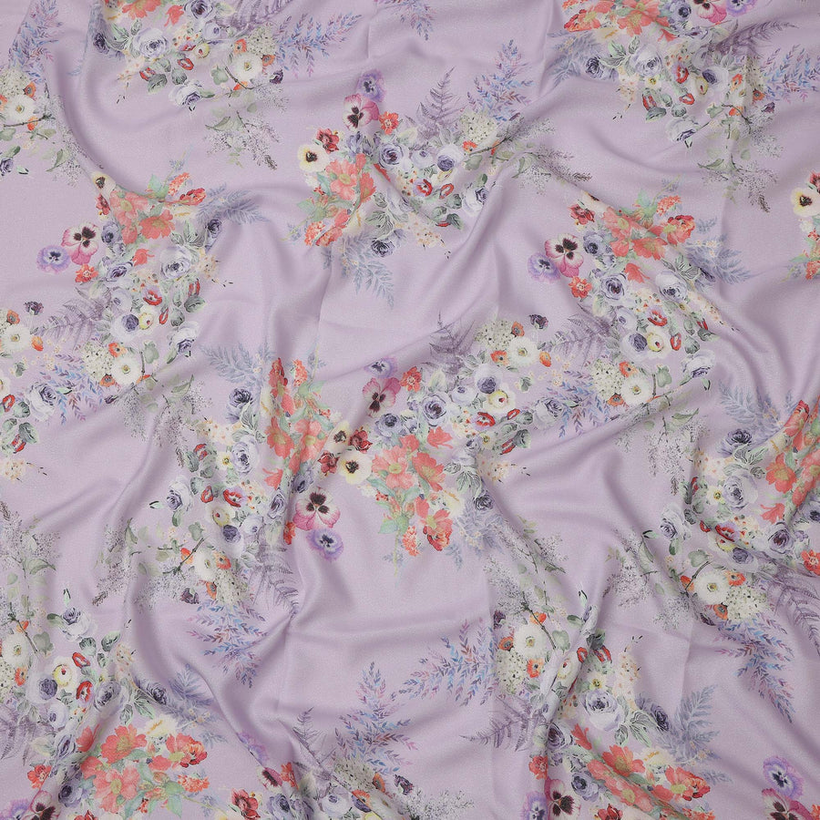 Lavender Purple Multi Floral Printed Pure Silk Satin Fabric 140 Cms Width Made in South Korea-D24918