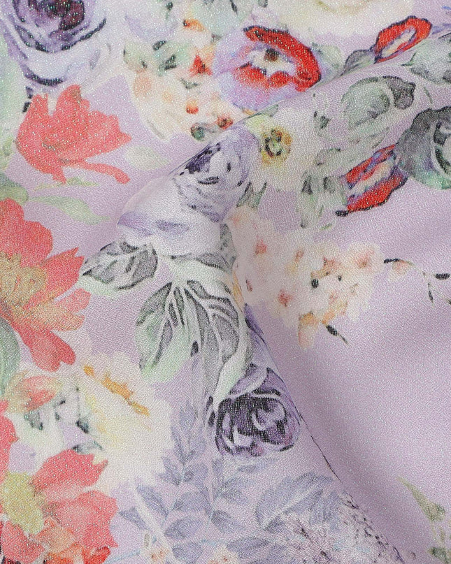 Lavender Purple Multi Floral Printed Pure Silk Satin Fabric 140 Cms Width Made in South Korea-D24918