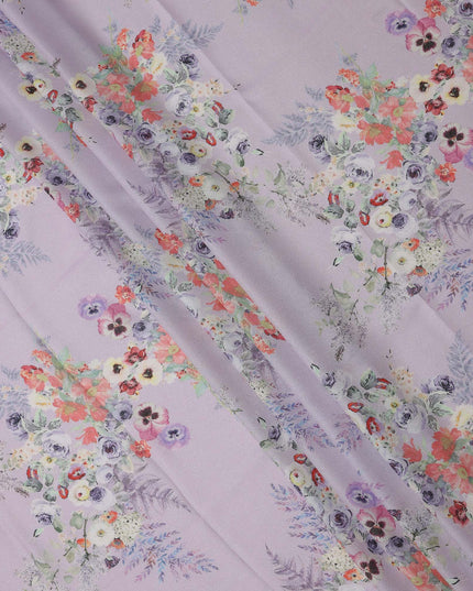 Lavender Purple Multi Floral Printed Pure Silk Satin Fabric 140 Cms Width Made in South Korea-D24918