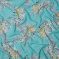 Turquoise Blue Multi Floral Printed Pure Silk Satin Fabric 140 Cms Width Made in South Korea-D24917