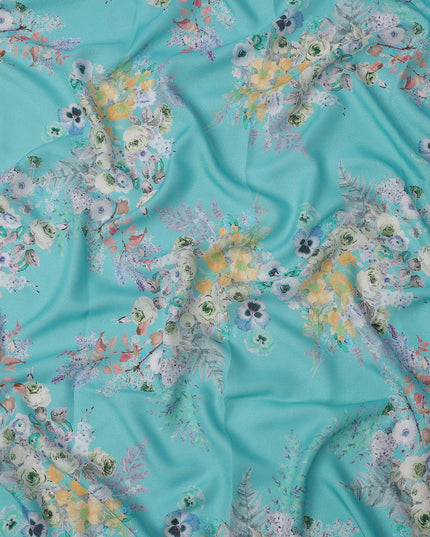 Turquoise Blue Multi Floral Printed Pure Silk Satin Fabric 140 Cms Width Made in South Korea-D24917
