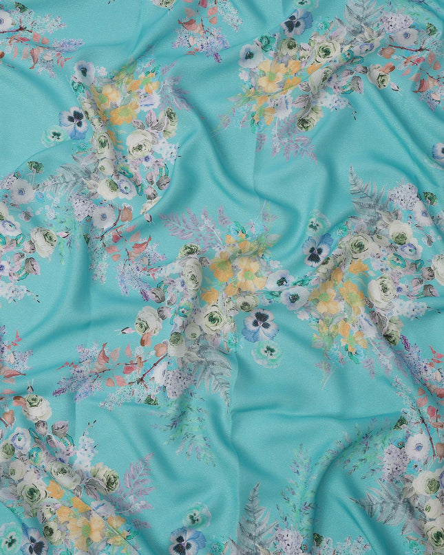 Turquoise Blue Multi Floral Printed Pure Silk Satin Fabric 140 Cms Width Made in South Korea-D24917