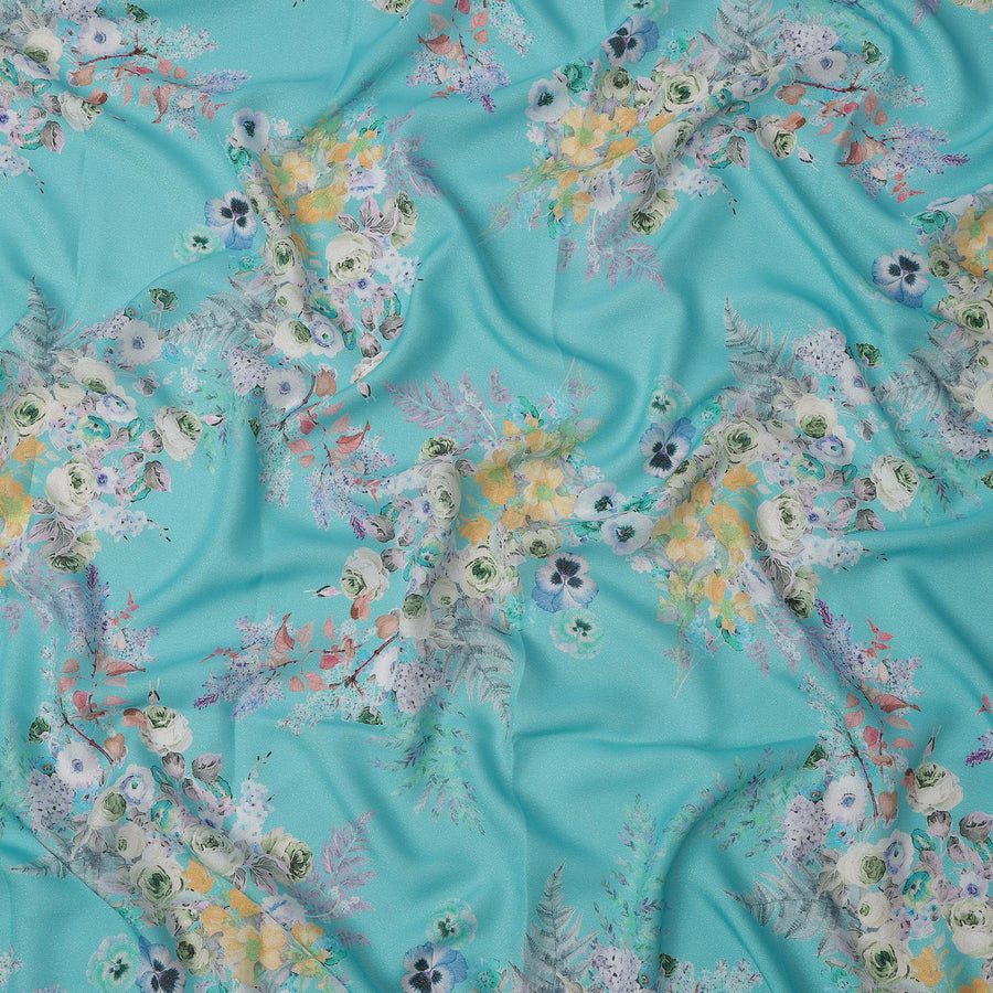 Turquoise Blue Multi Floral Printed Pure Silk Satin Fabric 140 Cms Width Made in South Korea-D24917