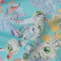 Turquoise Blue Multi Floral Printed Pure Silk Satin Fabric 140 Cms Width Made in South Korea-D24917
