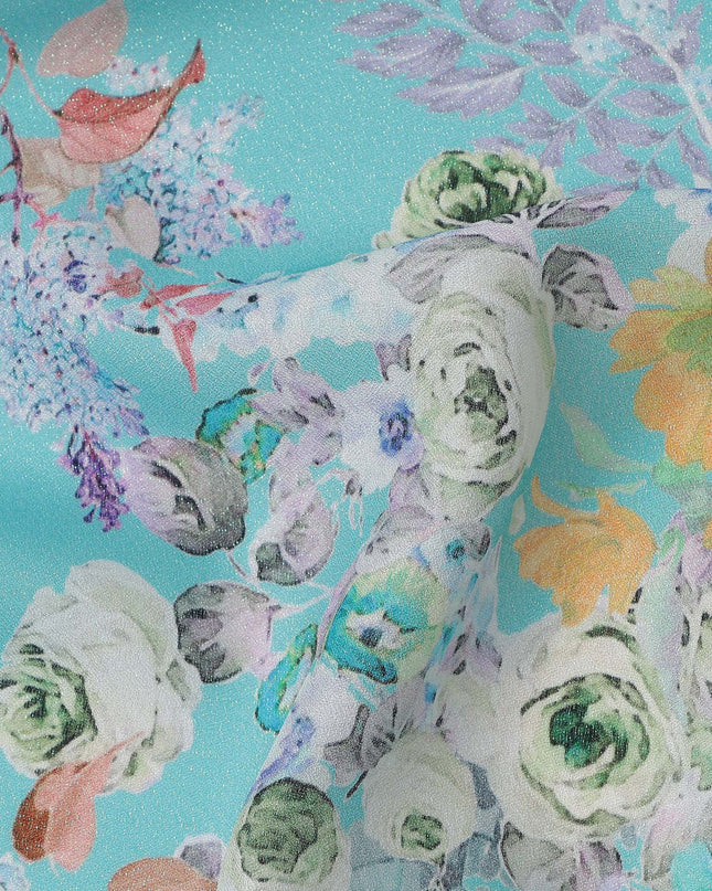 Turquoise Blue Multi Floral Printed Pure Silk Satin Fabric 140 Cms Width Made in South Korea-D24917