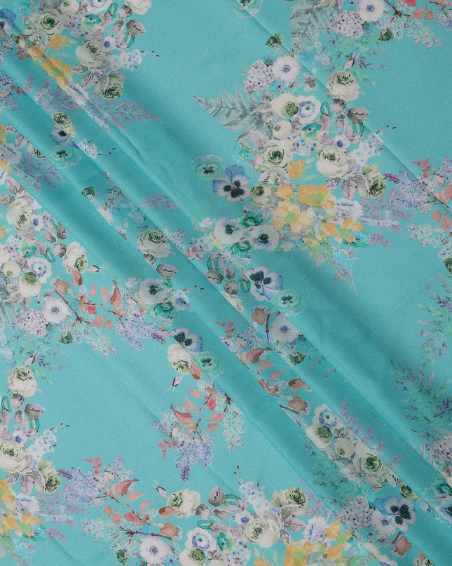 Turquoise Blue Multi Floral Printed Pure Silk Satin Fabric 140 Cms Width Made in South Korea-D24917