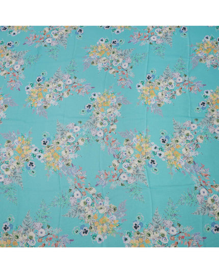 Turquoise Blue Multi Floral Printed Pure Silk Satin Fabric 140 Cms Width Made in South Korea-D24917
