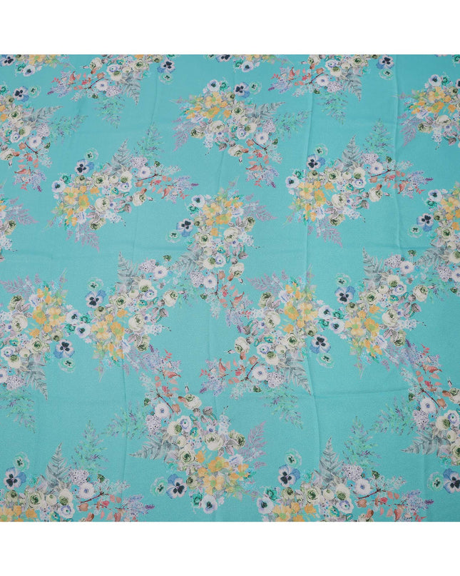 Turquoise Blue Multi Floral Printed Pure Silk Satin Fabric 140 Cms Width Made in South Korea-D24917
