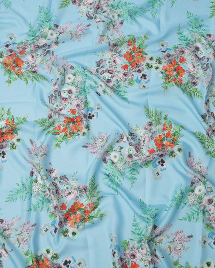 Sky Blue Multi Floral Printed Pure Silk Satin Fabric 140 Cms Width Made in South Korea-D24915