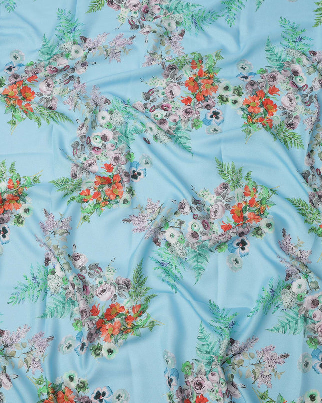 Sky Blue Multi Floral Printed Pure Silk Satin Fabric 140 Cms Width Made in South Korea-D24915