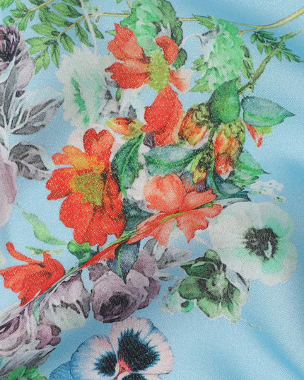 Sky Blue Multi Floral Printed Pure Silk Satin Fabric 140 Cms Width Made in South Korea-D24915