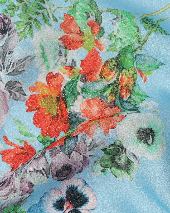 Sky Blue Multi Floral Printed Pure Silk Satin Fabric 140 Cms Width Made in South Korea-D24915
