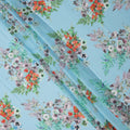 Sky Blue Multi Floral Printed Pure Silk Satin Fabric 140 Cms Width Made in South Korea-D24915