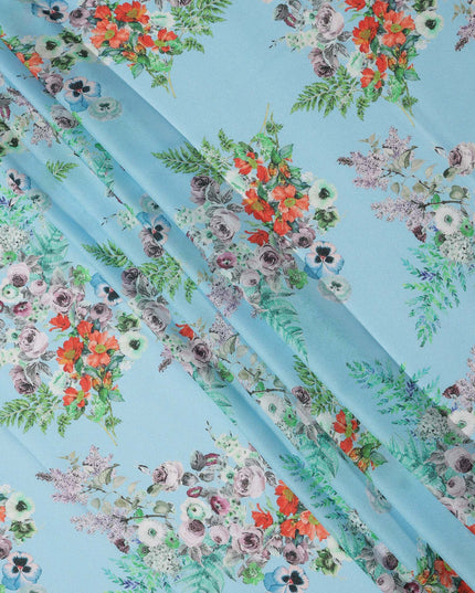 Sky Blue Multi Floral Printed Pure Silk Satin Fabric 140 Cms Width Made in South Korea-D24915
