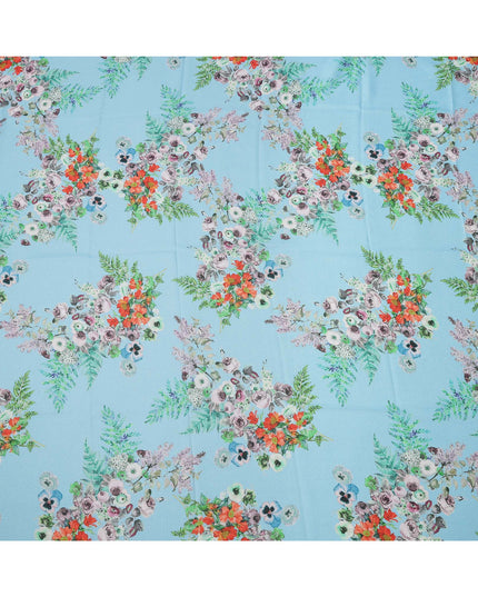 Sky Blue Multi Floral Printed Pure Silk Satin Fabric 140 Cms Width Made in South Korea-D24915