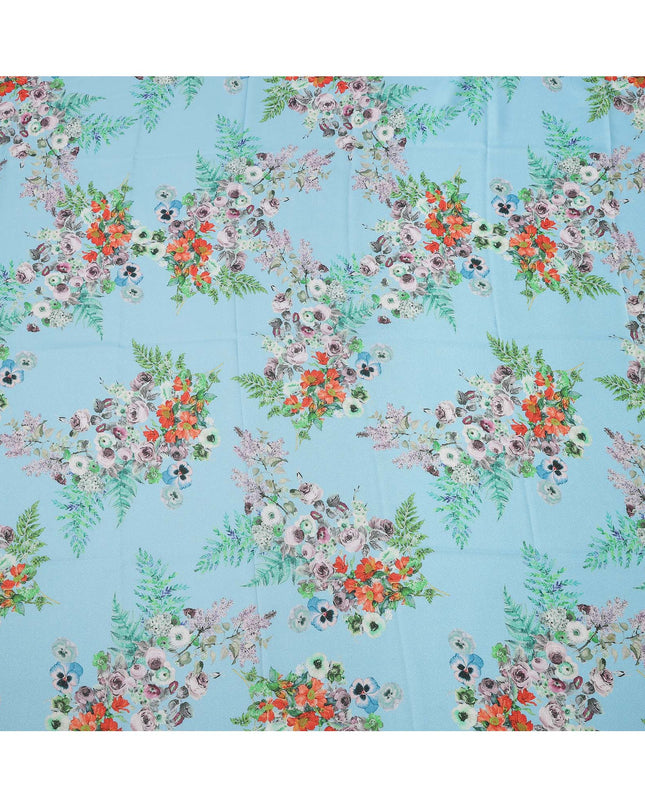 Sky Blue Multi Floral Printed Pure Silk Satin Fabric 140 Cms Width Made in South Korea-D24915