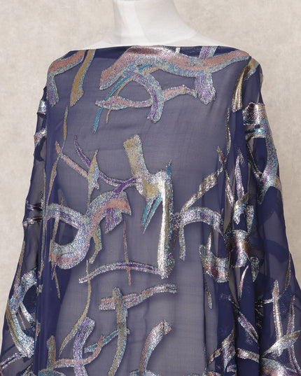 Navy Blue Traditional Somali Silk Chiffon Dirac Fabric with Metallic Lurex, 3.5 Mtrs Piece, Width 140 Cms, Made in South Korea-D26512