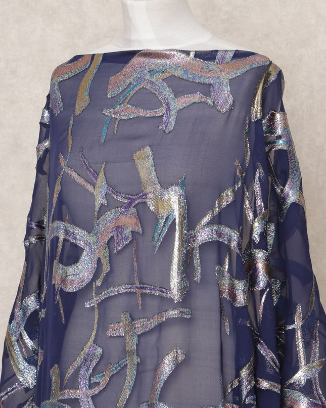 Navy Blue Traditional Somali Silk Chiffon Dirac Fabric with Metallic Lurex, 3.5 Mtrs Piece, Width 140 Cms, Made in South Korea-D26512