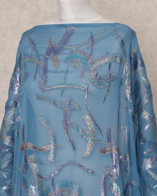 قماش ديراك من الحرير الصومالي باللون الأزرق المخضر الباهت مع لوركس معدني لامع - 3.5 متر، العرض 140 سم، صنع في كوريا الجنوبية - D24559