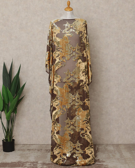 Golden Brown Traditional Somali Silk Chiffon Velvet Makmal Dirac Fabric, 140 Cms Width, 3.5 Mtrs Piece, Made in South Korea-D26163