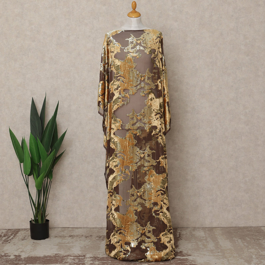 Golden Brown Traditional Somali Silk Chiffon Velvet Makmal Dirac Fabric, 140 Cms Width, 3.5 Mtrs Piece, Made in South Korea-D26163