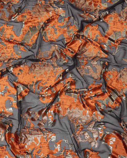 Black and Copper Traditional Somali Silk Chiffon Velvet Makmal Dirac Fabric, 140 Cms Width, 3.5 Mtrs Piece, Made in South Korea-D26162