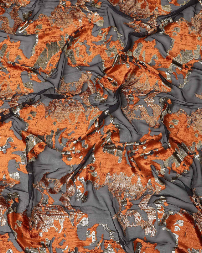 Black and Copper Traditional Somali Silk Chiffon Velvet Makmal Dirac Fabric, 140 Cms Width, 3.5 Mtrs Piece, Made in South Korea-D26162