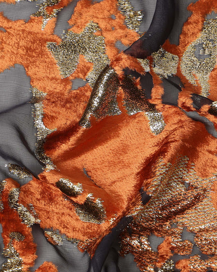 Black and Copper Traditional Somali Silk Chiffon Velvet Makmal Dirac Fabric, 140 Cms Width, 3.5 Mtrs Piece, Made in South Korea-D26162