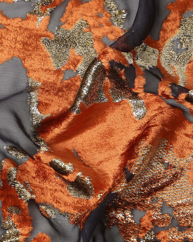 Black and Copper Traditional Somali Silk Chiffon Velvet Makmal Dirac Fabric, 140 Cms Width, 3.5 Mtrs Piece, Made in South Korea-D26162