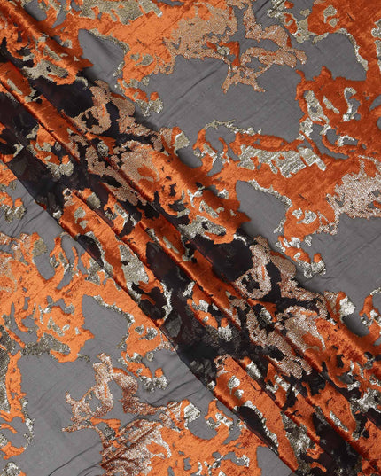 Black and Copper Traditional Somali Silk Chiffon Velvet Makmal Dirac Fabric, 140 Cms Width, 3.5 Mtrs Piece, Made in South Korea-D26162