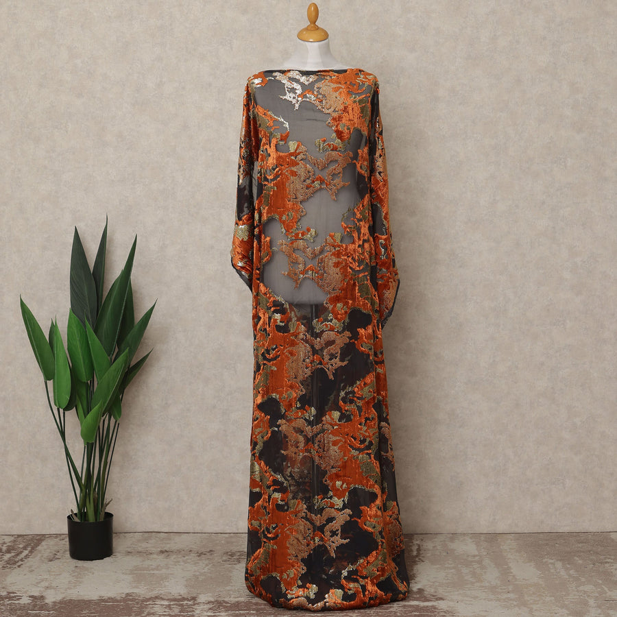 Black and Copper Traditional Somali Silk Chiffon Velvet Makmal Dirac Fabric, 140 Cms Width, 3.5 Mtrs Piece, Made in South Korea-D26162