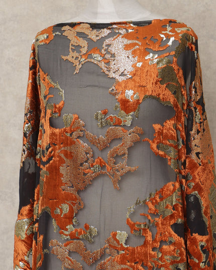 Black and Copper Traditional Somali Silk Chiffon Velvet Makmal Dirac Fabric, 140 Cms Width, 3.5 Mtrs Piece, Made in South Korea-D26162