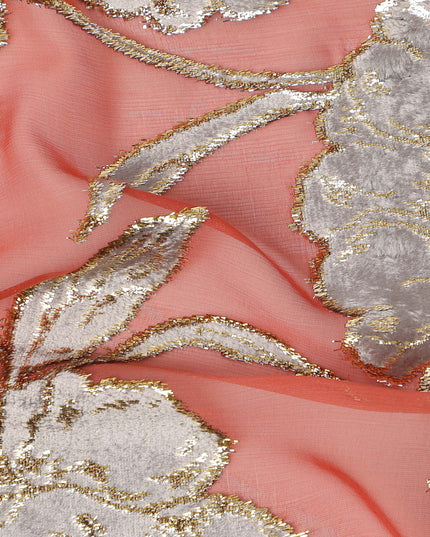 Peach Traditional Somali Silk Chiffon Velvet Makmal Dirac Fabric, 140 Cms Width, 3.5 Mtrs Piece, Made in South Korea-D26164