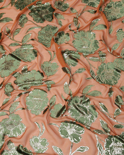 Peach and Green Traditional Somali Silk Chiffon Velvet Makmal Dirac Fabric, 140 Cms Width, 3.5 Mtrs Piece, Made in South Korea-D26166